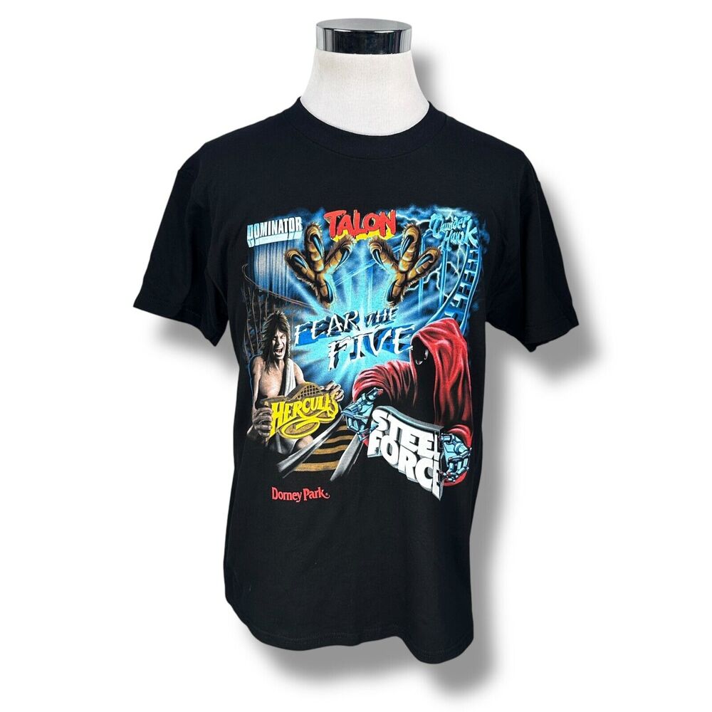 Vintage Dorney Park T-Shirt Mens Large‎ Black Fear Five Rollercoaster Talon 90s